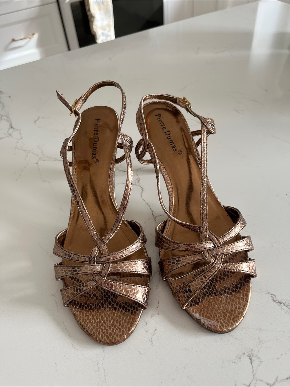 Pierre Dumas Rose Gold Strappy High-Heel Sandals